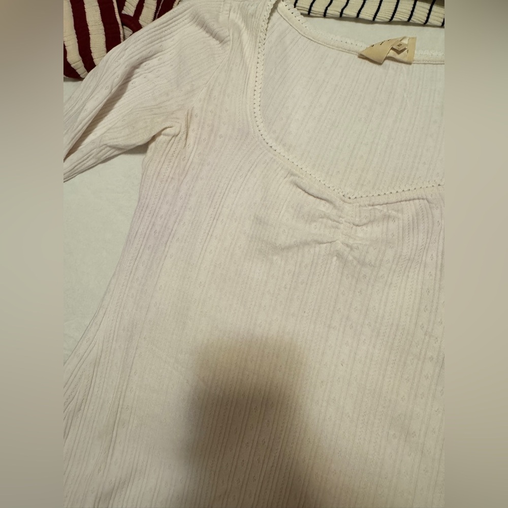 Sezane White Pointelle T-French 34/XS, 3/4 Sleeve-Light Stains, I will bleach - Picture 6 of 11